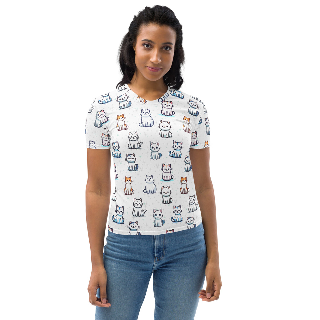 Woman wearing a white t-shirt with cat pattern on a white background