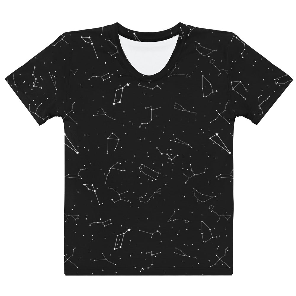 Women’s black short-sleeved realistic constellations t-shirt made of soft stretch jersey fabric