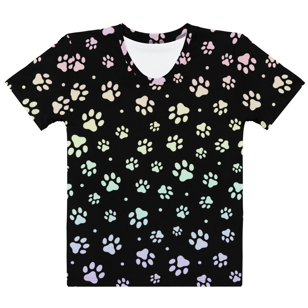 Black short-sleeved v-neck women’s t-shirt with vibrant pastel rainbow paw prints in soft stretch jersey material