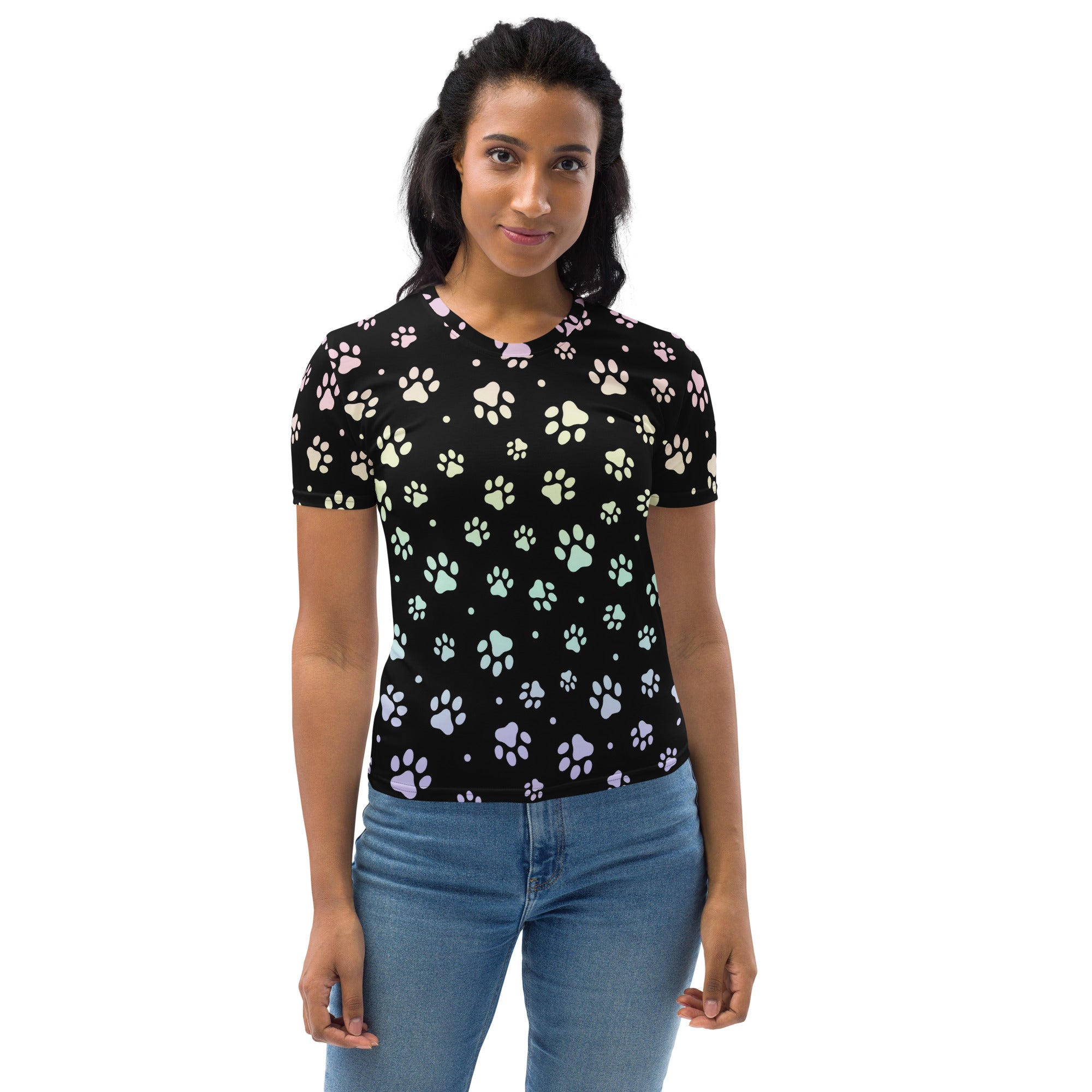 Women’s black short-sleeved t-shirt with pastel multicolored paw print pattern made from soft stretch jersey material