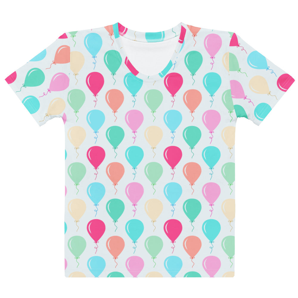 Women’s colorful birthday balloon t-shirt in soft white stretch jersey with vibrant pink teal mint and coral balloons print