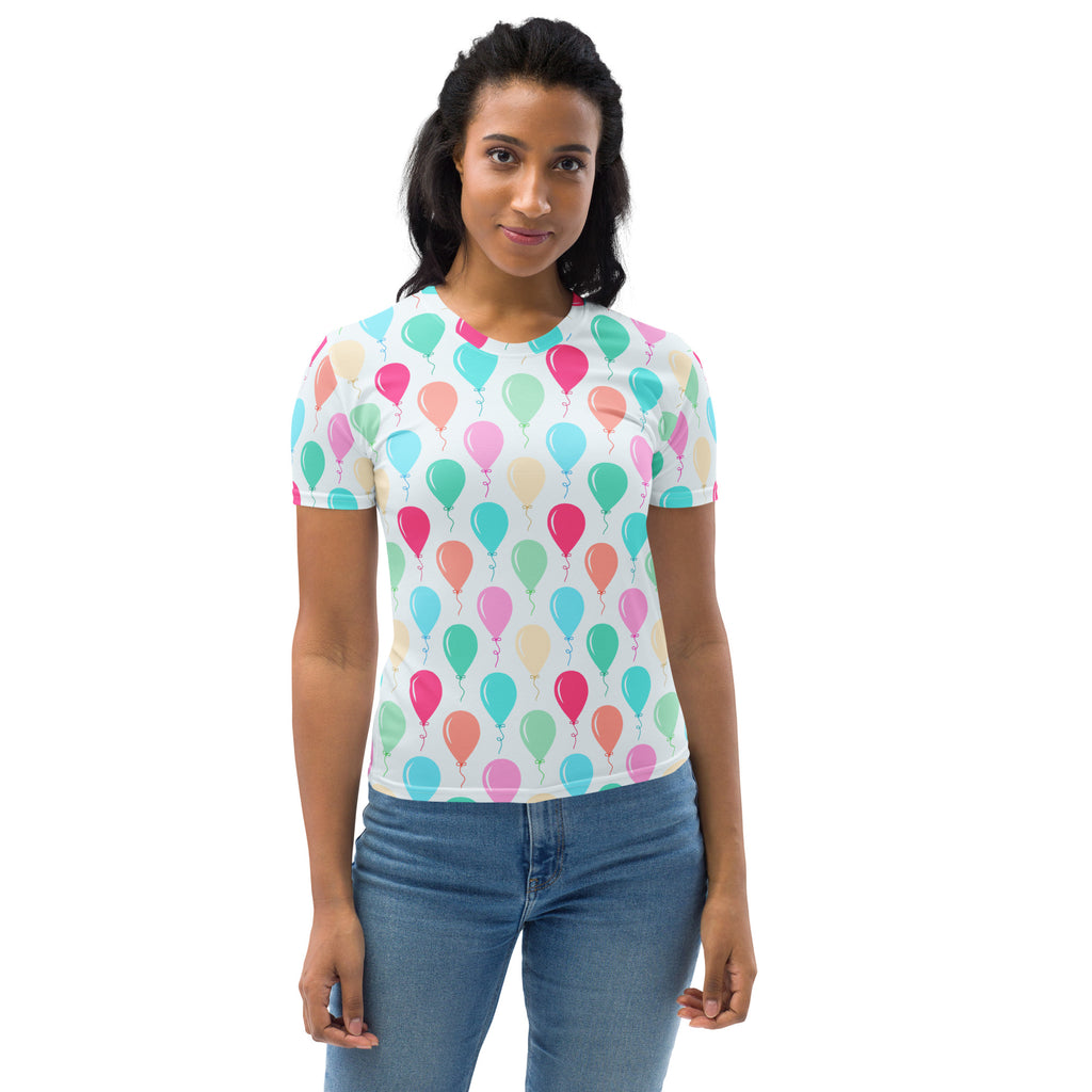 Women’s white short-sleeved t-shirt with colorful pink teal and peach balloon pattern soft stretch jersey tee