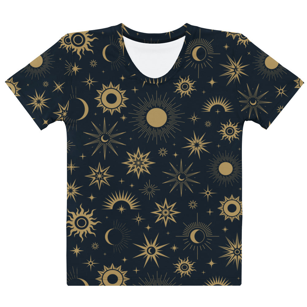 Navy blue women’s short-sleeved celestial sun and moon t-shirt with vibrant gold stars in soft stretch jersey fabric
