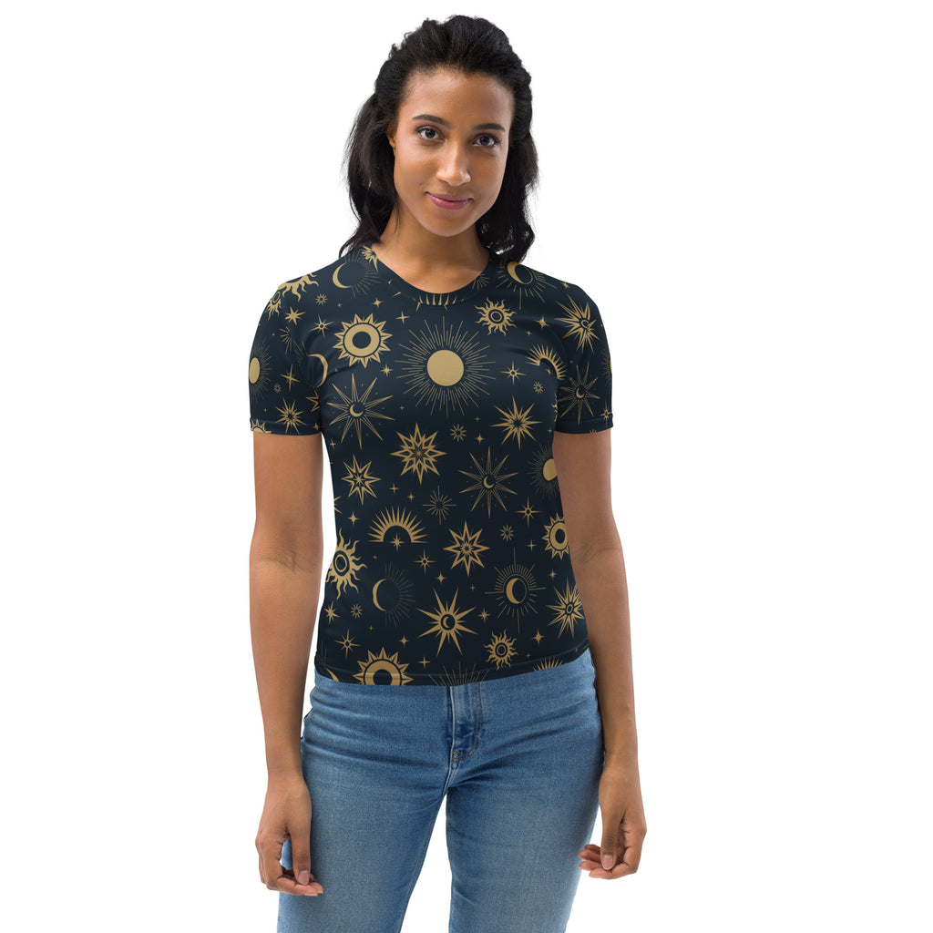 Women’s celestial sun and moon t-shirt in dark navy soft stretch jersey with vibrant gold celestial pattern