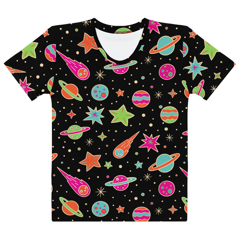 Women’s black short-sleeved v-neck soft stretch jersey t-shirt with vibrant neon planet and star space print
