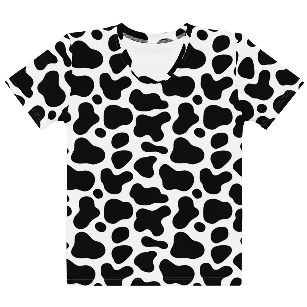Women’s cow print short-sleeved t-shirt in black and white soft stretch jersey fabric for casual wear