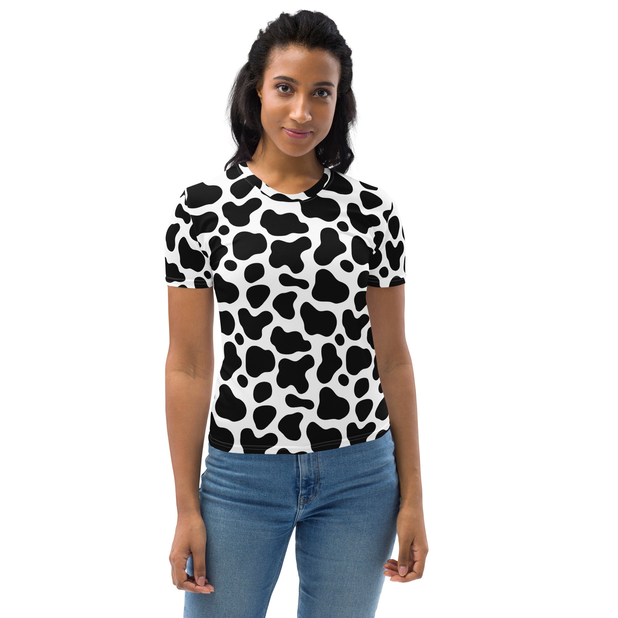 Women’s black and white cow print short-sleeved t-shirt made from soft stretch jersey fabric for comfortable wear