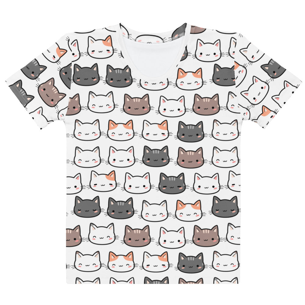 Women’s cute cat t-shirt white short-sleeved soft stretch jersey tee with colorful cartoon cat face print