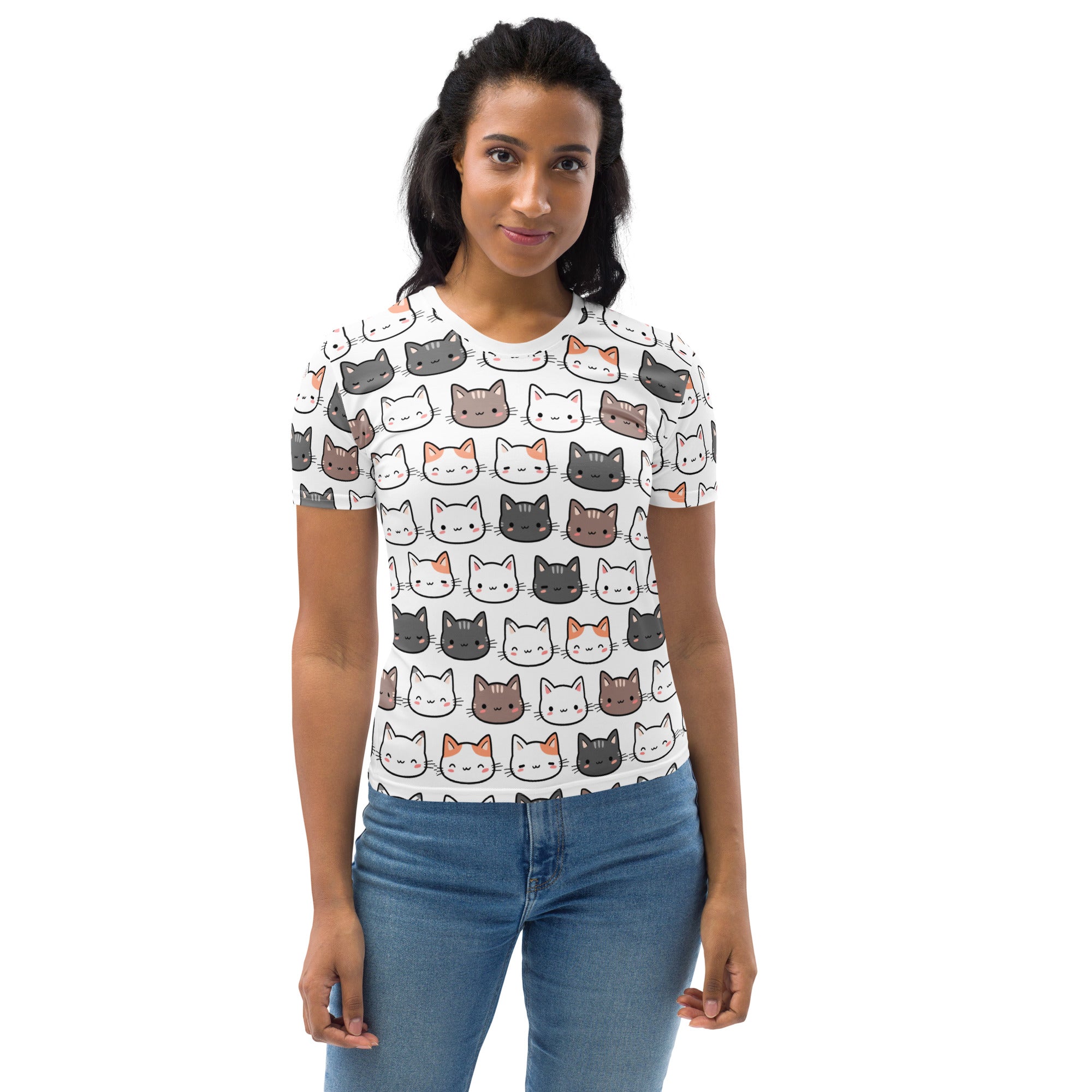 White women’s cute cat t-shirt with playful multicolor cartoon cat faces made from soft stretch jersey fabric