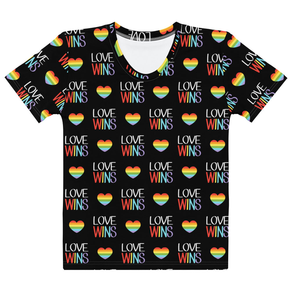 Black women’s love wins pride t-shirt with rainbow hearts and multicolored lettering in soft stretch jersey fabric