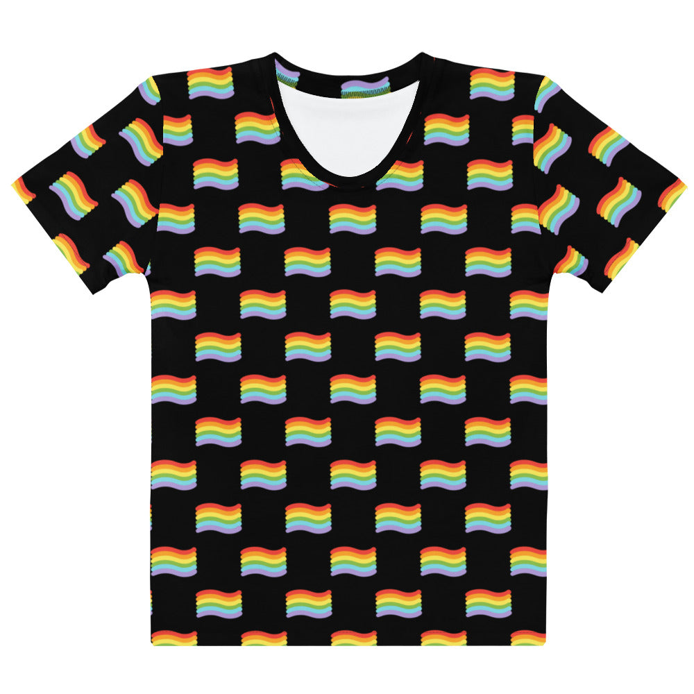 Black women’s pride flag t-shirt with vibrant wavy rainbow flag pattern in soft stretch jersey fabric
