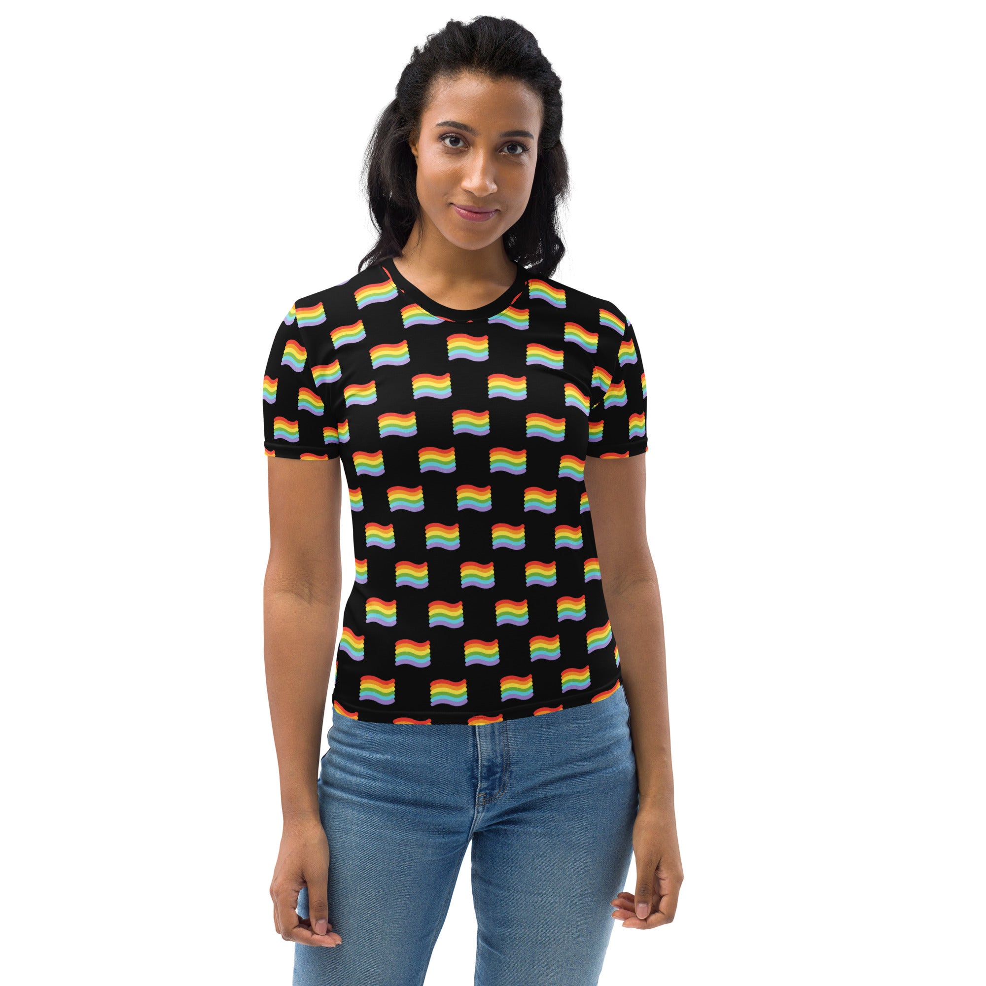 Black women’s pride flag t-shirt with repeating rainbow flags pattern made from soft stretch jersey fabric