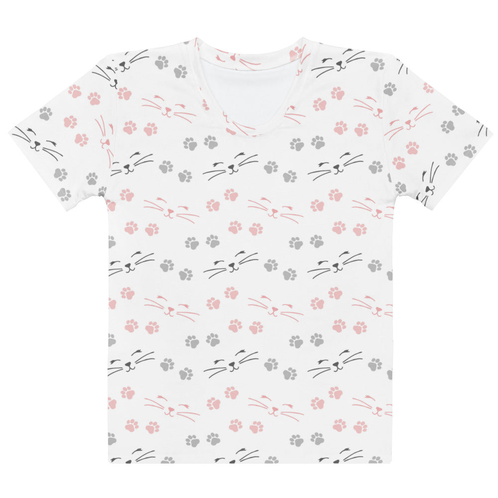 White women’s short-sleeved soft stretch jersey t-shirt with playful pink and gray cat face and paw print design