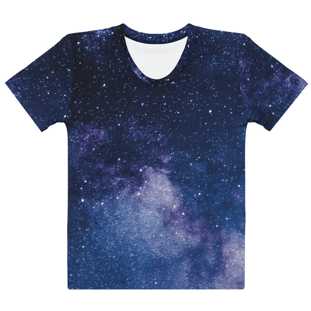Women’s navy blue short-sleeved t-shirt with realistic milky way galaxy print in purple and white on soft stretch jersey