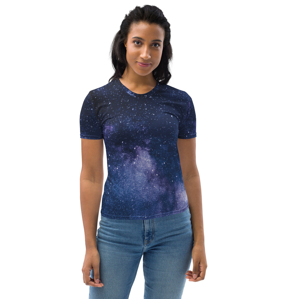 Women’s short-sleeved t-shirt with vibrant cosmic galaxy print in blues and purples made of soft stretch jersey