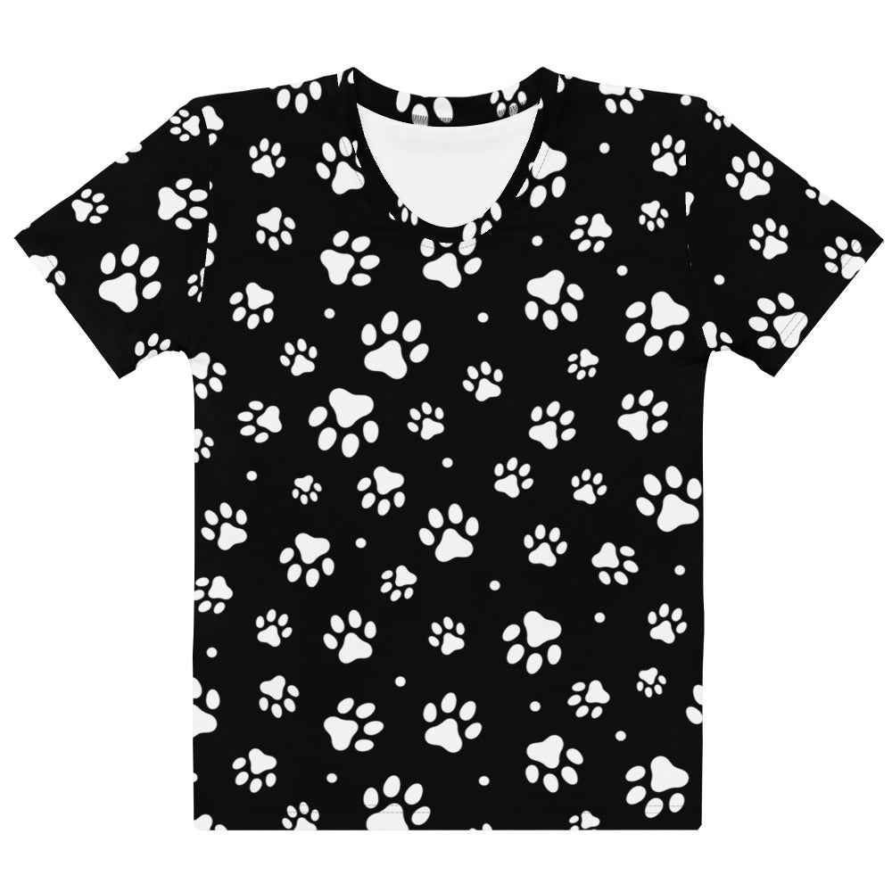 Women’s black short-sleeved paw print t-shirt made of soft stretch jersey with white paw pattern
