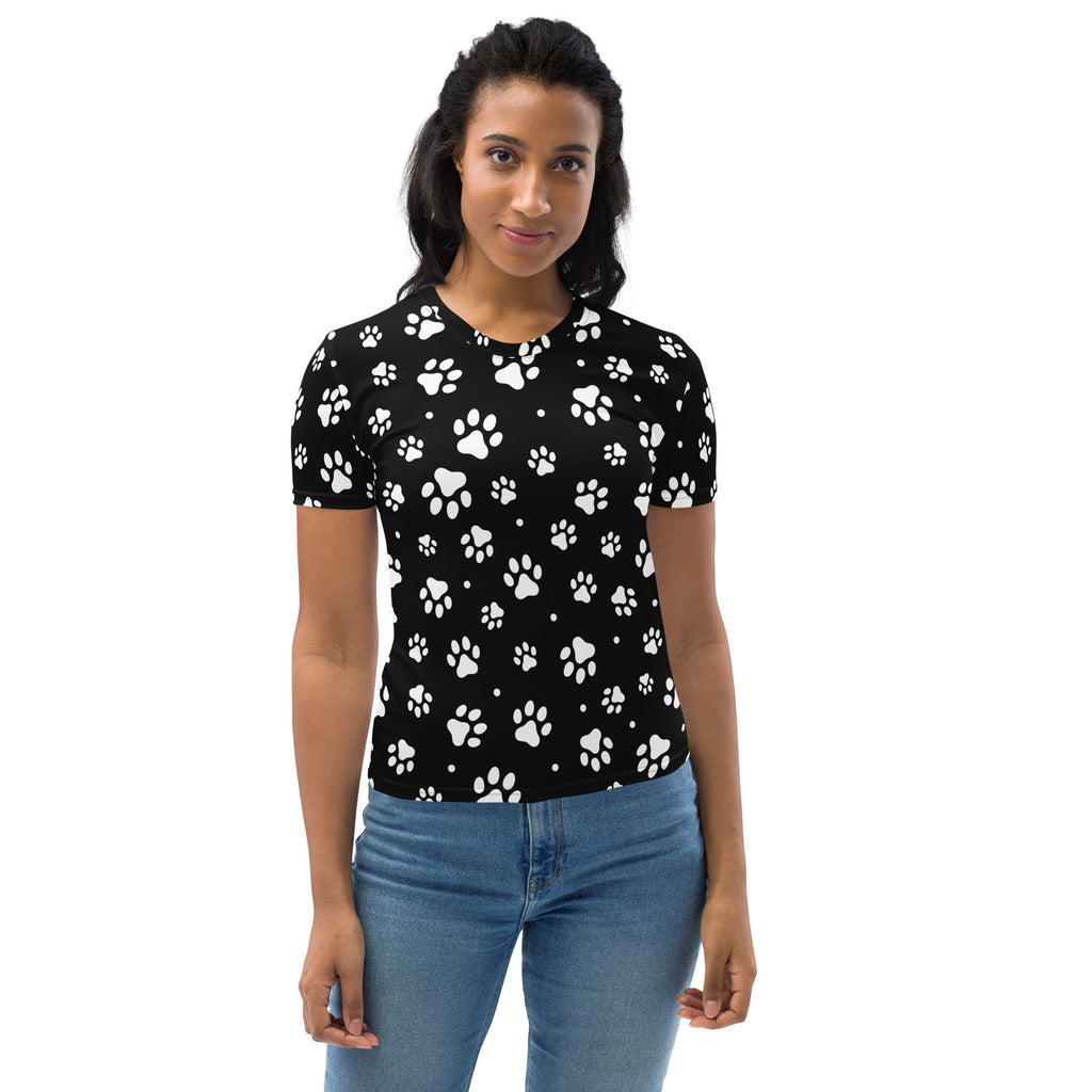 Women’s black paw print t-shirt made of soft stretch jersey with short sleeves and white paw print pattern