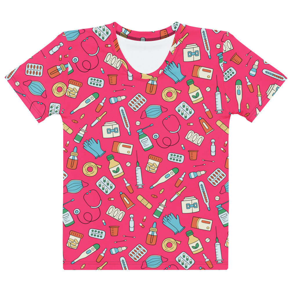 Women’s pink nurse themed t-shirt soft stretch jersey with vibrant medical supplies print and v-neck short sleeves