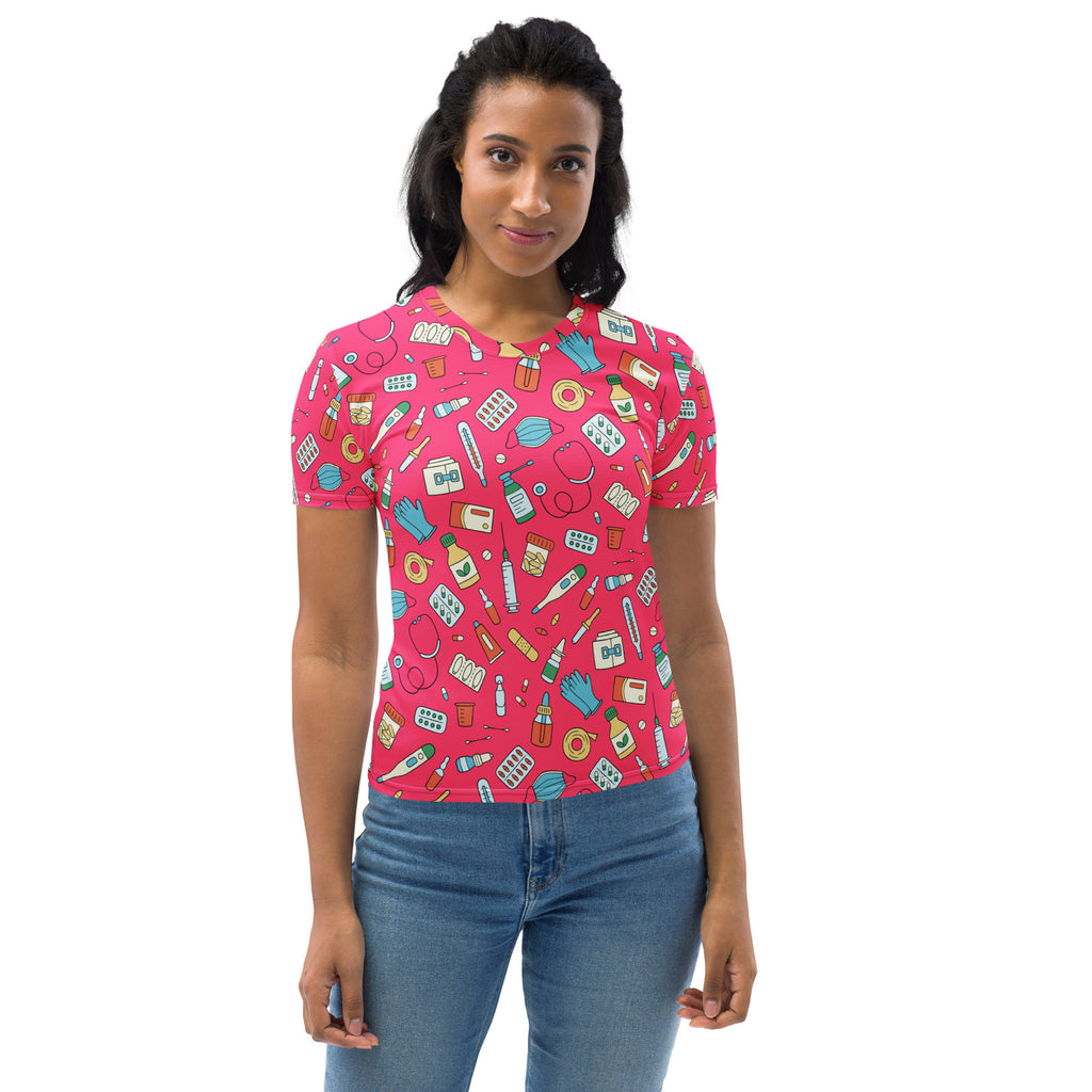 Women’s pink nurse themed t-shirt with playful medical graphic print made from soft stretch jersey fabric