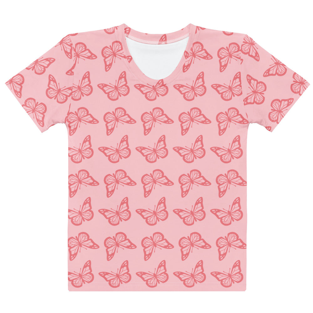 Women s light pink v neck t shirt with butterfly pattern made of soft stretch jersey fabric