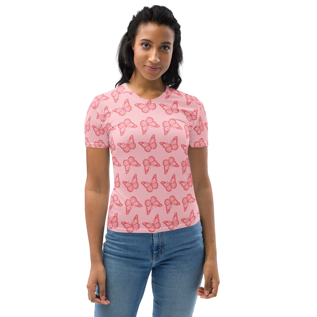 Women’s light pink butterfly t-shirt with red outlined butterflies in soft stretch jersey fabric and short sleeves