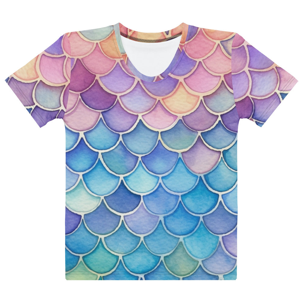 Women’s mermaid scales t-shirt with vibrant watercolor purple pink blue teal mermaid scale print in soft stretch jersey