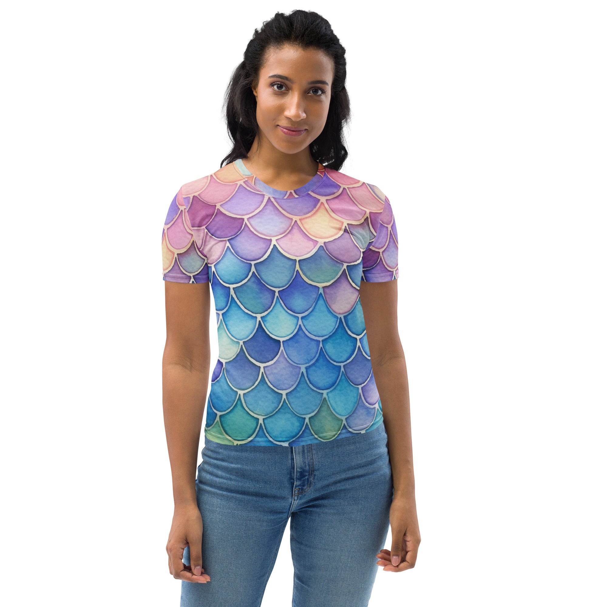 Women’s mermaid scales t-shirt with vibrant purple pink blue and teal gradient scale pattern in soft stretch jersey