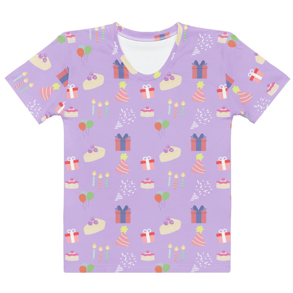 Women’s purple birthday party t-shirt with a playful pastel birthday print in soft stretch jersey material