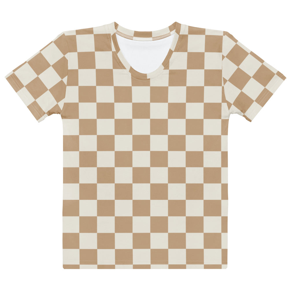 Women’s tan checkerboard t-shirt with short sleeves in a beige and cream checkered soft stretch jersey fabric