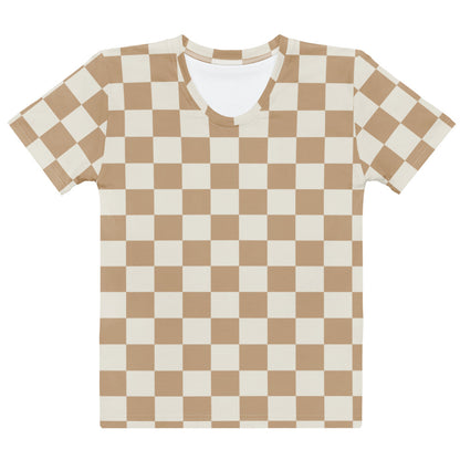 Women's Tan Checkerboard T-Shirt – Soft Stretch Jersey Tee