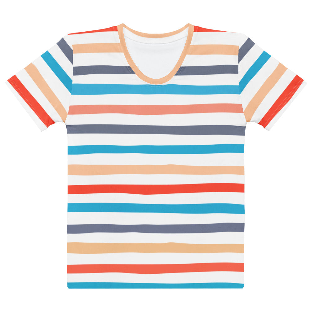 Women’s retro striped t-shirt in soft stretch jersey with vibrant orange blue and gray horizontal stripes on white background