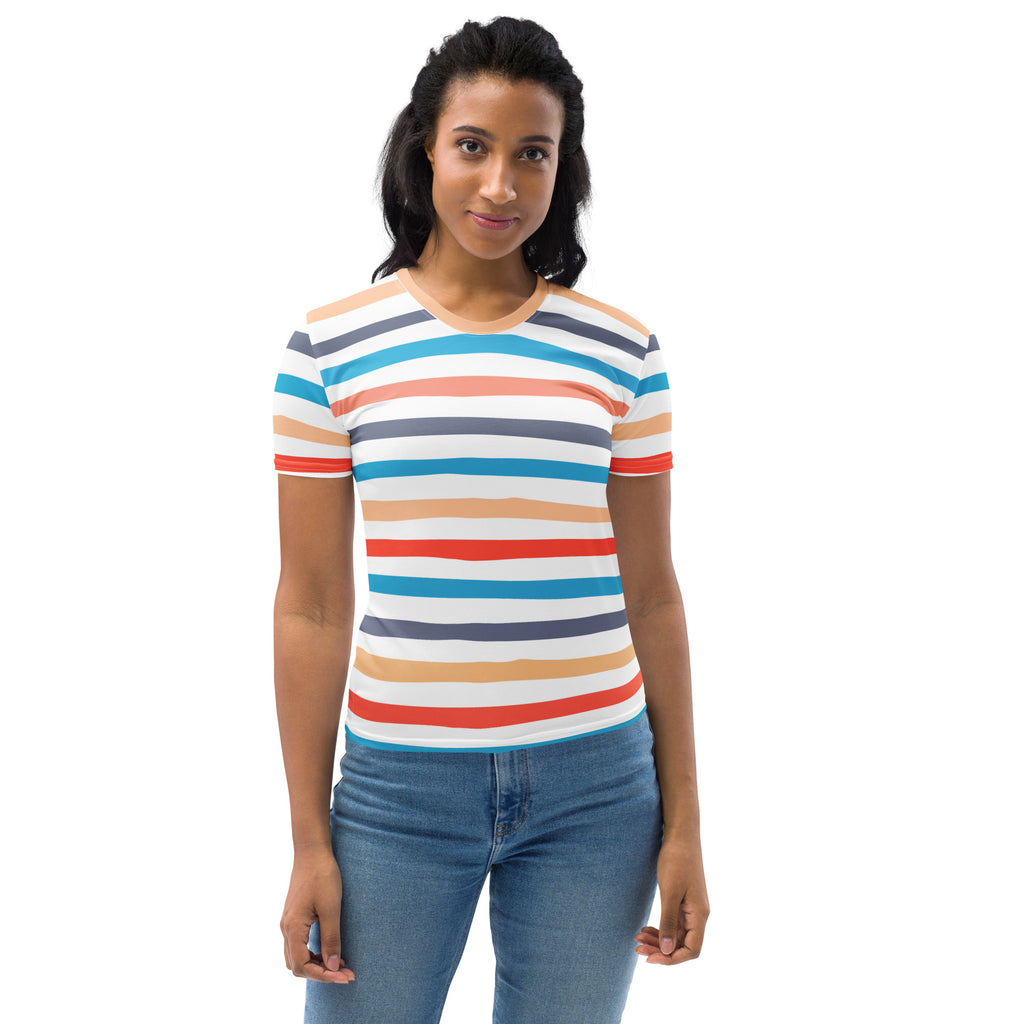 A woman wears a women’s retro striped t-shirt with short sleeves in white blue orange red and gray soft stretch jersey
