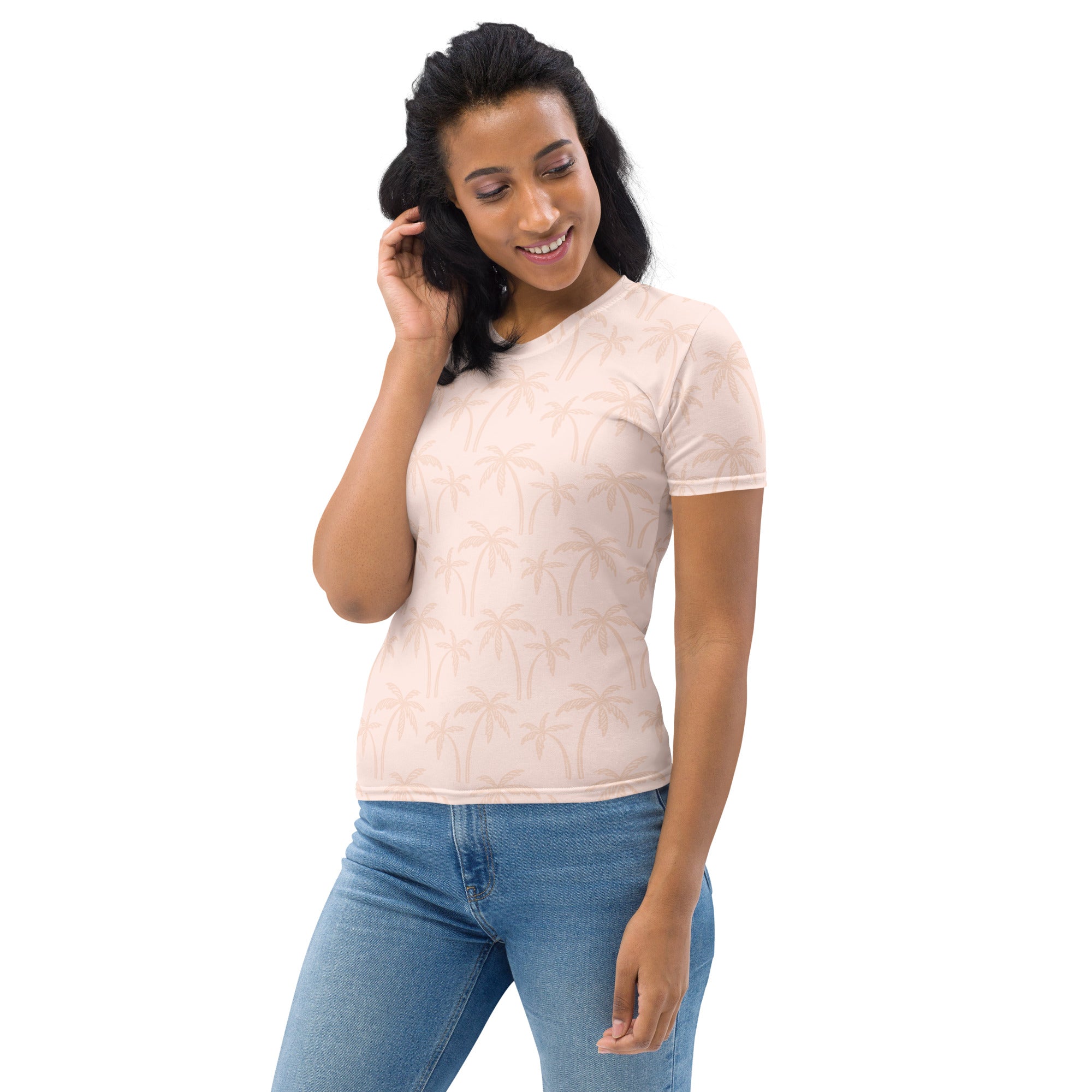Women’s soft beige palm tree t-shirt in soft stretch jersey with a subtle blush-colored short-sleeved design