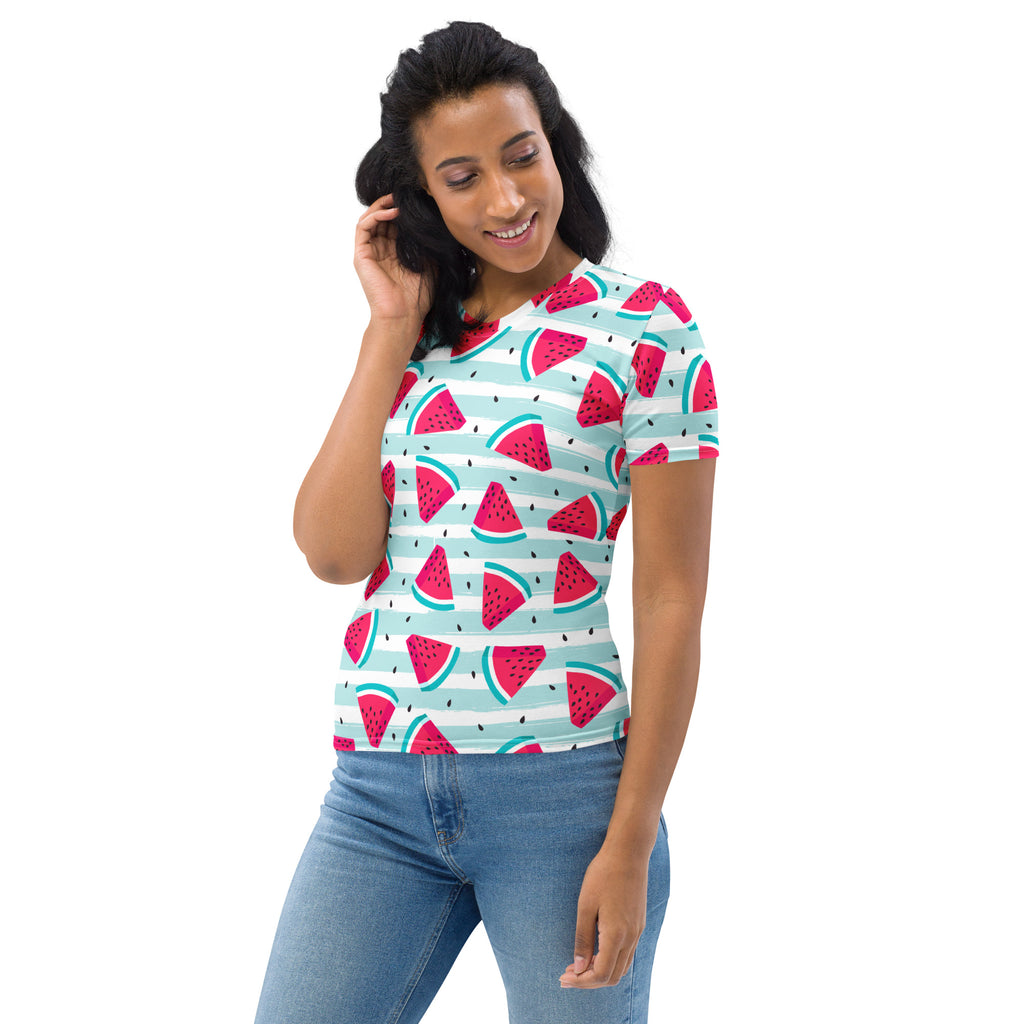 Women’s watermelon print t-shirt with red watermelon slices on light blue and white stripes in soft stretch jersey