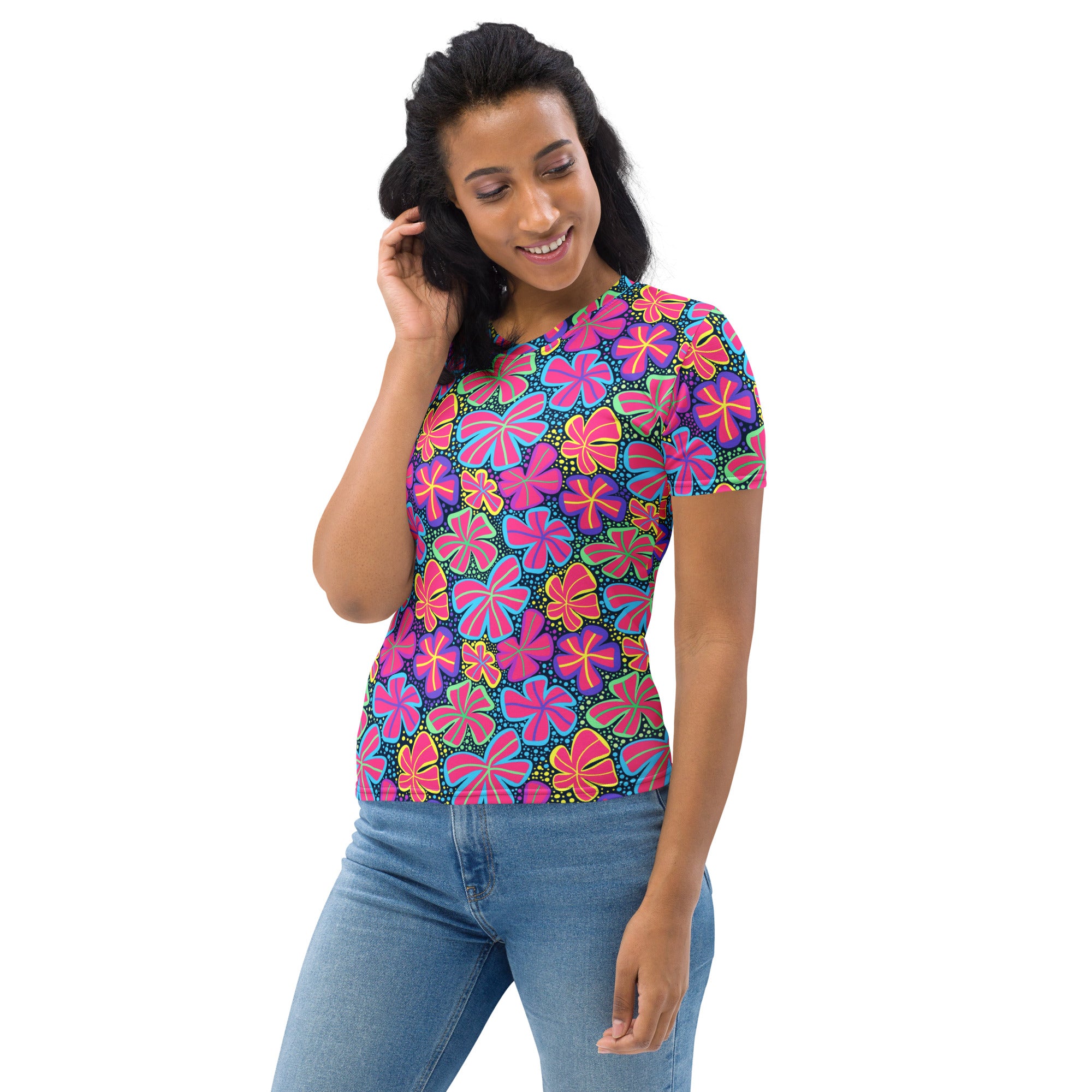 Women’s neon retro flower t-shirt with bold pink purple neon yellow floral pattern on dark blue soft stretch jersey