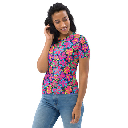 Women's Neon Retro Flower T-Shirt – Soft Stretch Jersey Tee