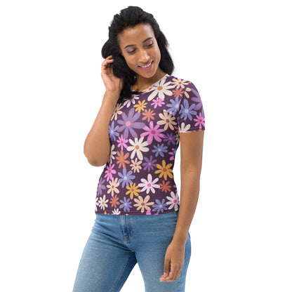 Women's Retro Purple Daisy T-Shirt – Soft Stretch Jersey Tee