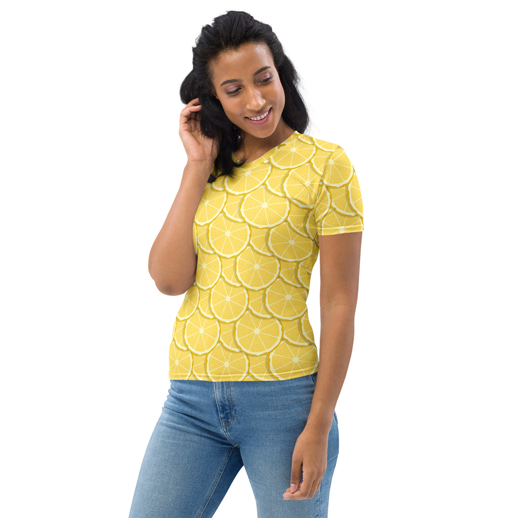 Women’s soft stretch jersey short-sleeve t-shirt with a yellow lemon slice print on the front