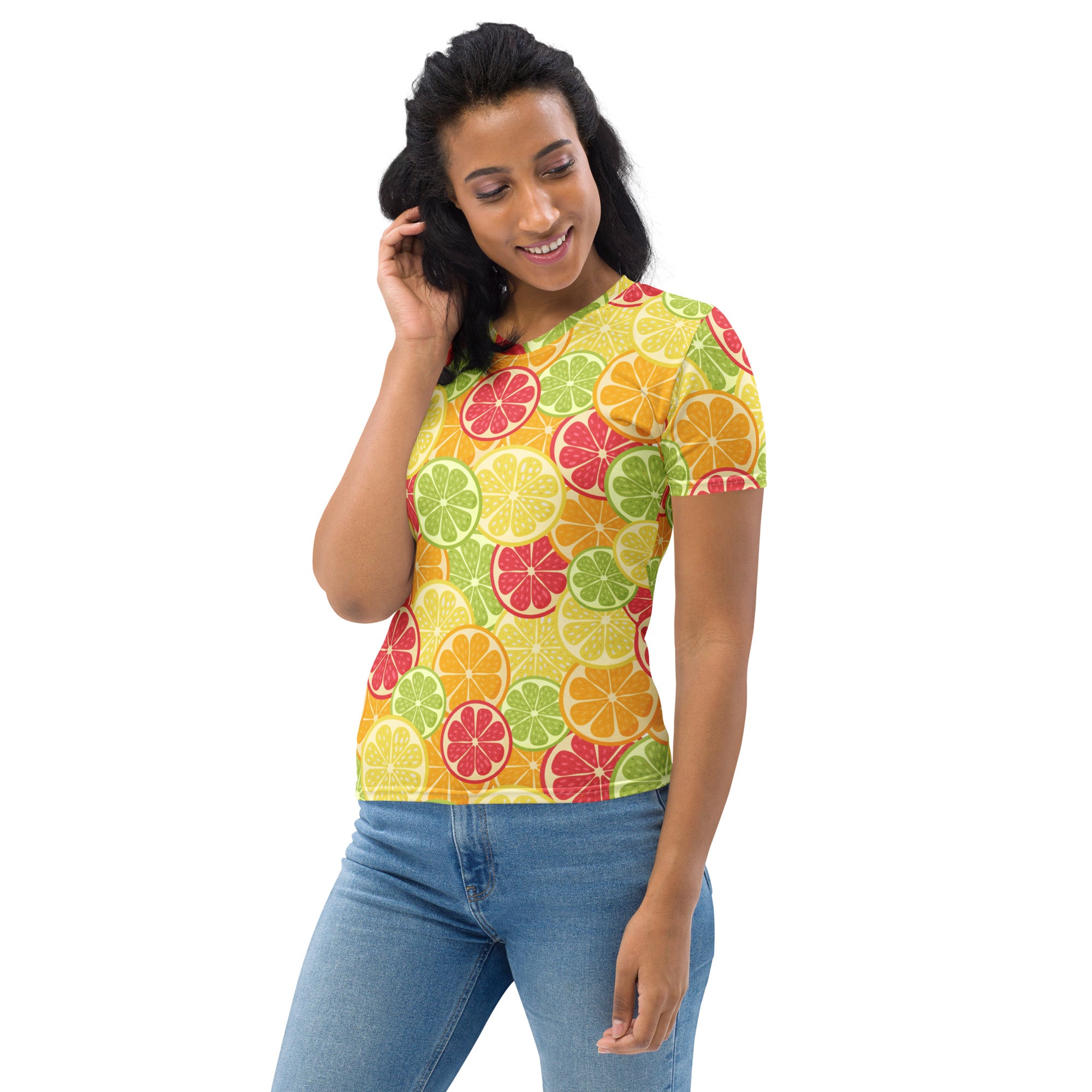 Women’s citrus fruit slice yellow short-sleeved t-shirt with playful red orange and green citrus pattern in soft stretch jersey