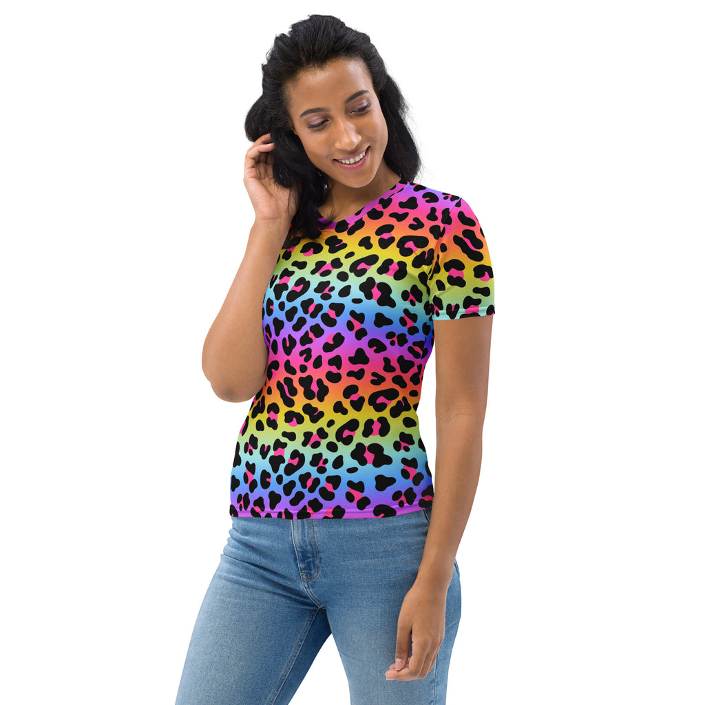Women’s pride rainbow leopard short-sleeve t-shirt in soft stretch jersey featuring vibrant rainbow colors