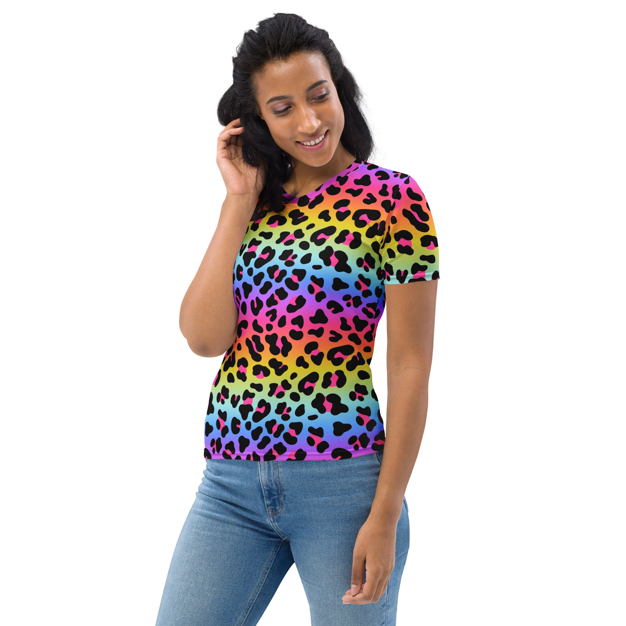 Women’s pride rainbow leopard short-sleeve t-shirt in soft stretch jersey featuring vibrant rainbow colors
