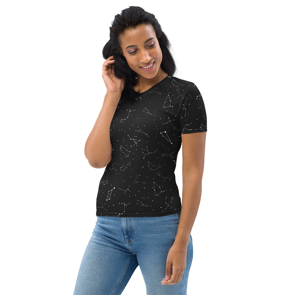 Black women’s short-sleeved soft stretch jersey t-shirt featuring a realistic white constellation pattern