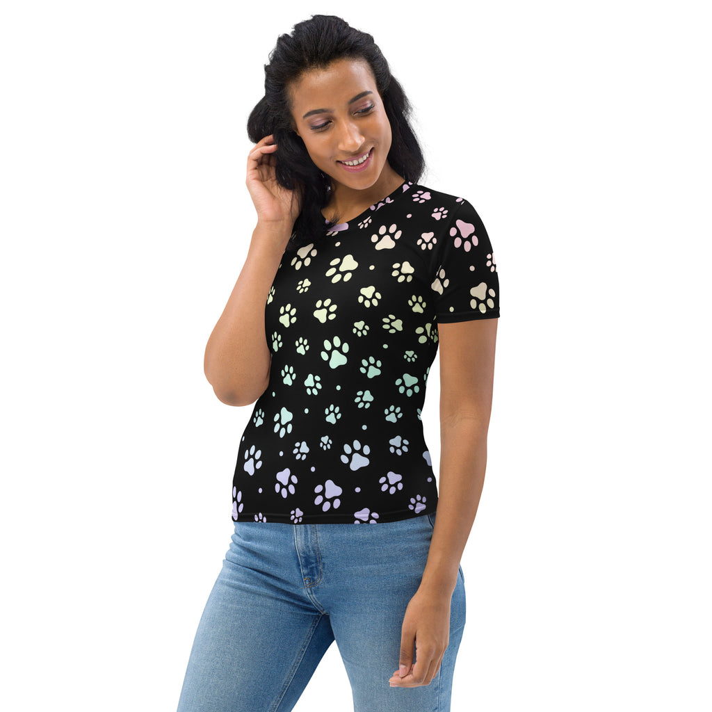Black women’s short-sleeved t-shirt with soft stretch jersey fabric and multicolored pastel paw print pattern