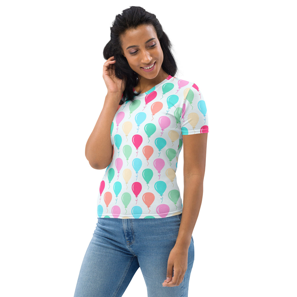 White short-sleeved womens t-shirt with colorful pink blue green and yellow balloon pattern in soft stretch jersey