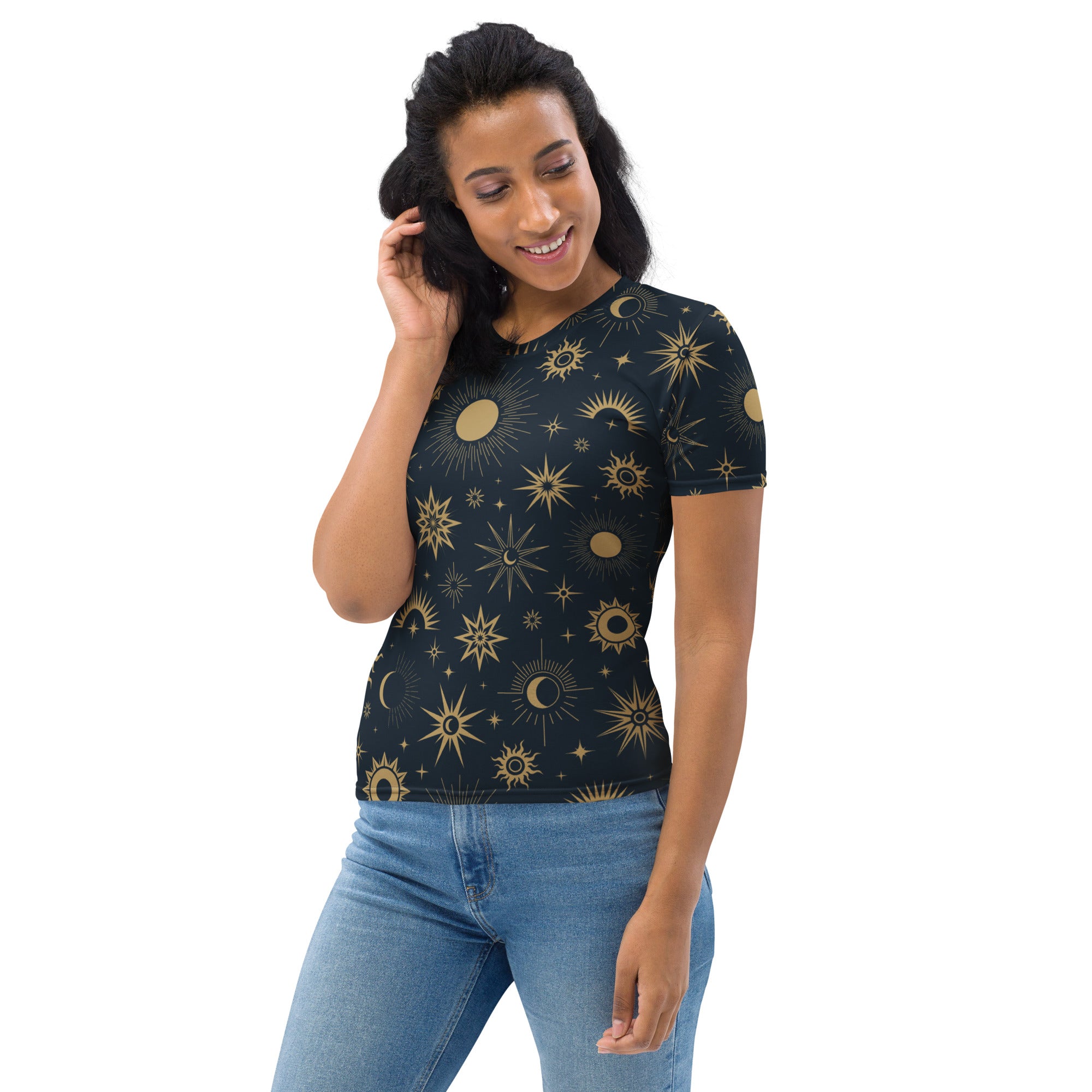 Black women’s celestial sun and moon t-shirt with vibrant gold pattern made from soft stretch jersey fabric