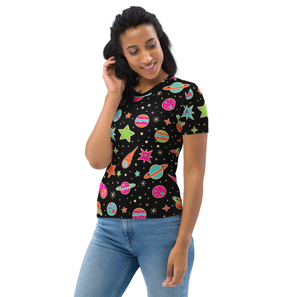 Women’s retro space print t-shirt featuring a black soft stretch jersey with vibrant neon cartoon planets and stars design