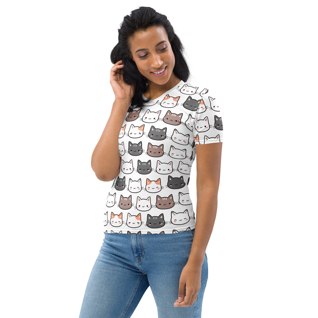 White women’s cute cat t-shirt with short sleeves featuring colorful cartoon cat faces in soft stretch jersey material
