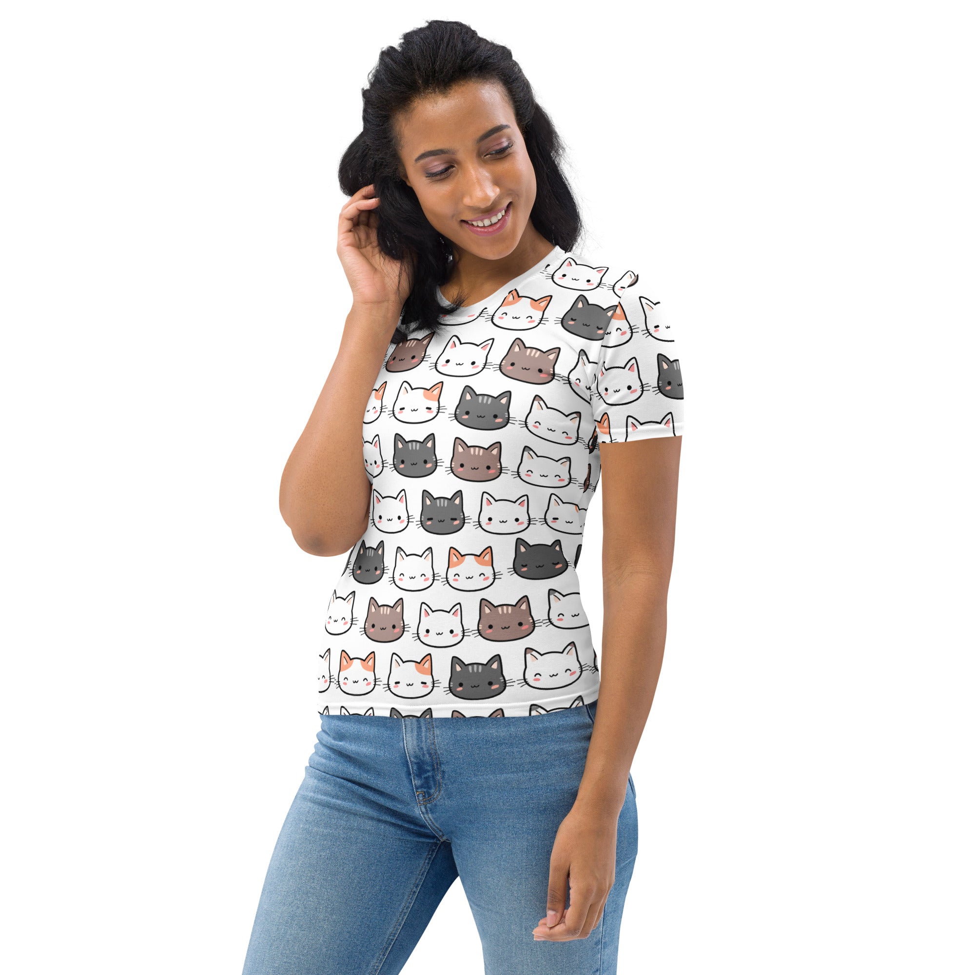 White women’s cute cat t-shirt with short sleeves featuring colorful cartoon cat faces in soft stretch jersey material