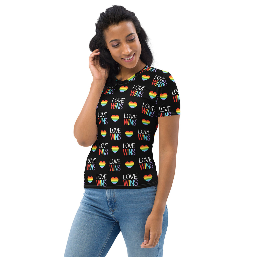 Black women’s love wins pride t-shirt with rainbow heart pattern and multicolored love wins text in soft stretch jersey