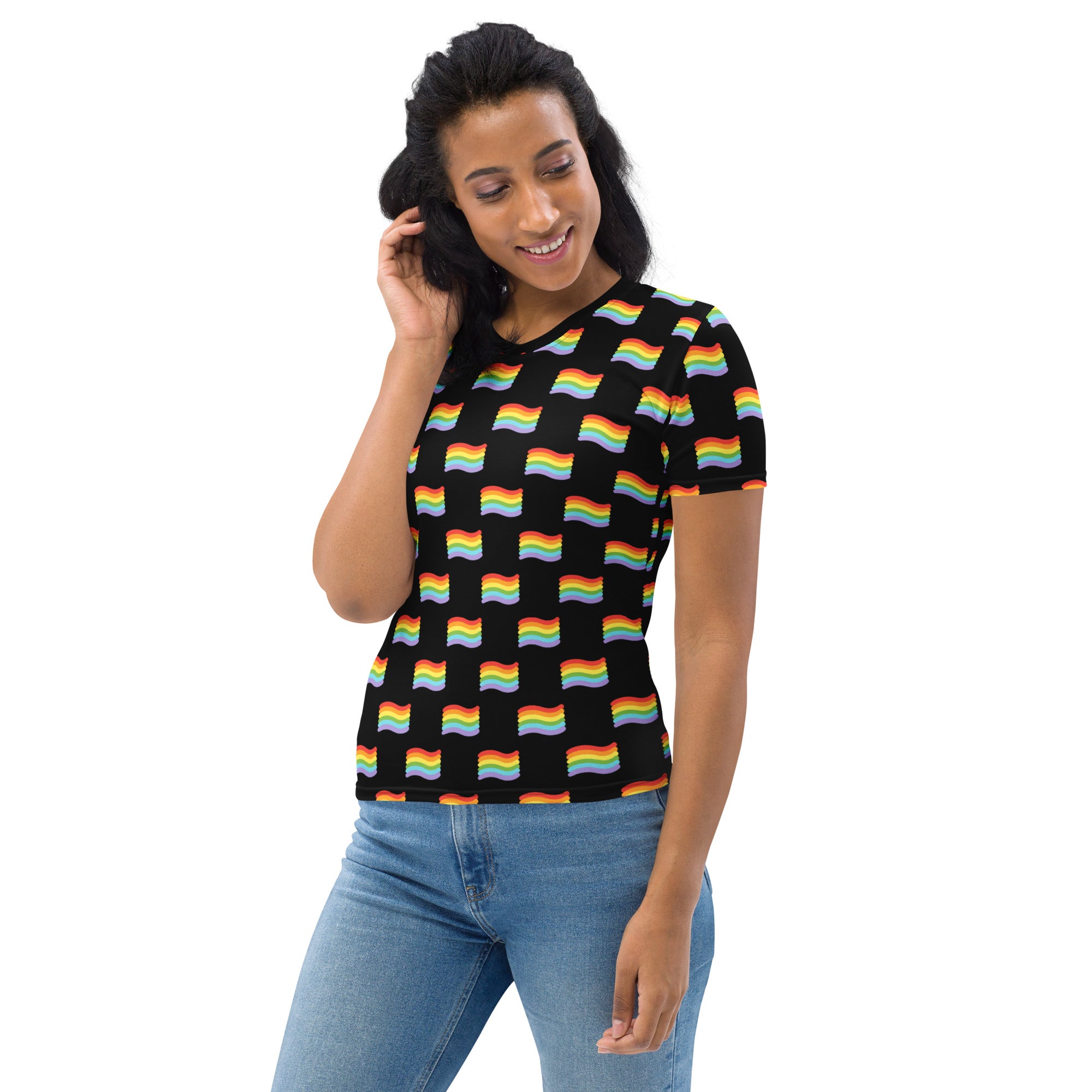 Black women’s Pride flag t-shirt with vibrant rainbow flag pattern made of soft stretch jersey fabric